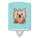 Checkerboard Blue Yorkie Yorkishire Terrier Ceramic Night Light Compact, UL-Certified, Ideal for Bedroom, Bathroom, Nursery, Hallway, Kitchen, 6x4x3, Multicolor