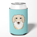 Checkerboard Blue Longhair Creme Dachshund Can or Bottle Hugger Cooler Sleeve for Standard 12 oz Cans, Insulated Foam Beer & Soda Can Hugger Reusable