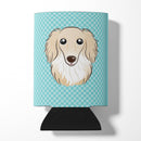 Checkerboard Blue Longhair Creme Dachshund Can or Bottle Hugger Cooler Sleeve for Standard 12 oz Cans, Insulated Foam Beer & Soda Can Hugger Reusable