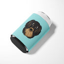 Checkerboard Blue Longhair Black and Tan Dachshund Can or Bottle Hugger Cooler Sleeve for Standard 12 oz Cans, Insulated Foam Beer & Soda Can Hugger Reusable
