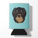 Checkerboard Blue Longhair Black and Tan Dachshund Can or Bottle Hugger Cooler Sleeve for Standard 12 oz Cans, Insulated Foam Beer & Soda Can Hugger Reusable