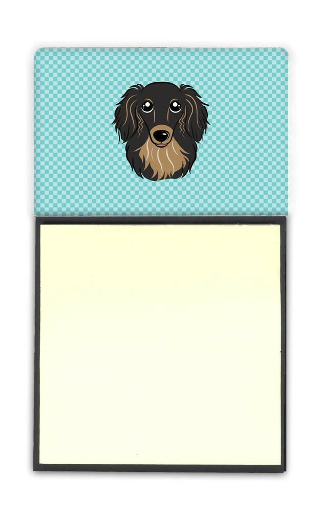 Checkerboard Blue Longhair Black and Tan Dachshund Refiillable Sticky Note Holder or Note Dispenser BB1151SN