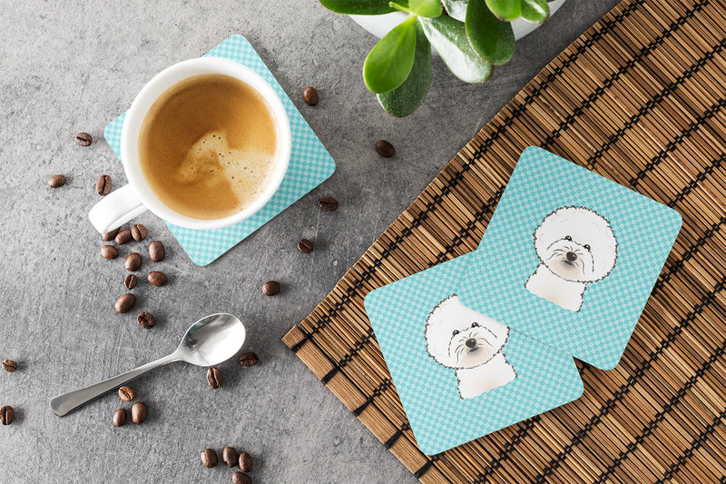 Checkerboard Blue Bichon Frise Coasters - Set of 4 Lightweight Foam, Absorbent Drink Coasters BB1155FC