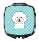 Checkerboard Blue Bichon Frise Compact Mirror Decorative Travel Makeup Mirror for Women Girls Gifts Pocket Makeup Mirror Folding Handheld