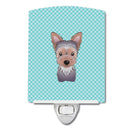 Checkerboard Blue Yorkie Puppy Ceramic Night Light Compact, UL-Certified, Ideal for Bedroom, Bathroom, Nursery, Hallway, Kitchen, 6x4x3, Multicolor