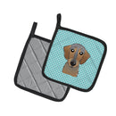 Checkerboard Blue Wirehaired Dachshund Pot Holder Set of 2 Heat Resistant Quilted Hot Pads 7.5 x 7.5 Inch, Insulated Kitchen Trivets for Cooking & Baking