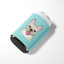 Checkerboard Blue French Bulldog Can or Bottle Hugger Cooler Sleeve for Standard 12 oz Cans, Insulated Foam Beer & Soda Can Hugger Reusable
