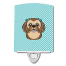 Checkerboard Blue Chocolate Brown Shih Tzu Ceramic Night Light Compact, UL-Certified, Ideal for Bedroom, Bathroom, Nursery, Hallway, Kitchen, 6x4x3, Multicolor