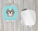 Checkerboard Blue Gray Silver Shih Tzu Compact Mirror Decorative Travel Makeup Mirror for Women Girls Gifts Pocket Makeup Mirror Folding Handheld