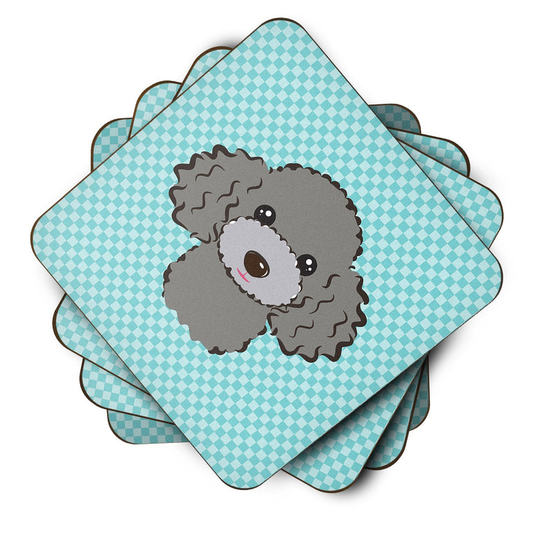 Set of 4 Checkerboard Blue Silver Gray Poodle Foam Coasters BB1197FC