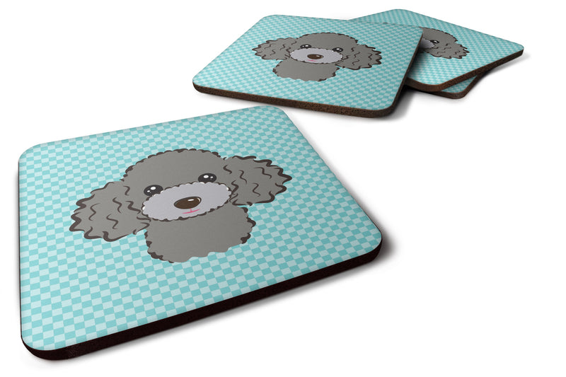 Set of 4 Checkerboard Blue Silver Gray Poodle Foam Coasters BB1197FC