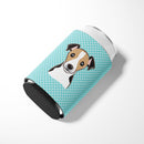 Checkerboard Blue Jack Russell Terrier Can or Bottle Hugger Cooler Sleeve for Standard 12 oz Cans, Insulated Foam Beer & Soda Can Hugger Reusable