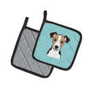Checkerboard Blue Jack Russell Terrier Pot Holder Set of 2 Heat Resistant Quilted Hot Pads 7.5 x 7.5 Inch, Insulated Kitchen Trivets for Cooking & Baking
