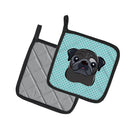 Checkerboard Blue Black Pug Pot Holder Set of 2 Heat Resistant Quilted Hot Pads 7.5 x 7.5 Inch, Insulated Kitchen Trivets for Cooking & Baking