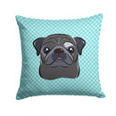 Checkerboard Blue Black Pug Decorative Throw Pillow 14x14 Indoor Outdoor Accent Cushion, Fabric Cover with Insert for Sofa, Bed, Porch & Living Room