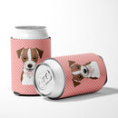 Checkerboard Pink Jack Russell Terrier Can or Bottle Hugger Cooler Sleeve for Standard 12 oz Cans, Insulated Foam Beer & Soda Can Hugger Reusable