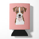Checkerboard Pink Jack Russell Terrier Can or Bottle Hugger Cooler Sleeve for Standard 12 oz Cans, Insulated Foam Beer & Soda Can Hugger Reusable