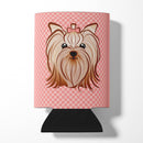 Checkerboard Pink Yorkie Yorkishire Terrier Can or Bottle Hugger Cooler Sleeve for Standard 12 oz Cans, Insulated Foam Beer & Soda Can Hugger Reusable