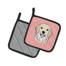 Checkerboard Pink Golden Retriever Pot Holder Set of 2 Heat Resistant Quilted Hot Pads 7.5 x 7.5 Inch, Insulated Kitchen Trivets for Cooking & Baking