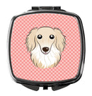 Checkerboard Pink Longhair Creme Dachshund Compact Mirror Decorative Travel Makeup Mirror for Women Girls Gifts Pocket Makeup Mirror Folding Handheld