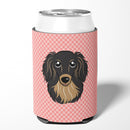 Checkerboard Pink Longhair Black and Tan Dachshund Can or Bottle Hugger Cooler Sleeve for Standard 12 oz Cans, Insulated Foam Beer & Soda Can Hugger Reusable