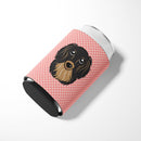 Checkerboard Pink Longhair Black and Tan Dachshund Can or Bottle Hugger Cooler Sleeve for Standard 12 oz Cans, Insulated Foam Beer & Soda Can Hugger Reusable