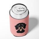 Checkerboard Pink Smooth Black and Tan Dachshund Can or Bottle Hugger Cooler Sleeve for Standard 12 oz Cans, Insulated Foam Beer & Soda Can Hugger Reusable