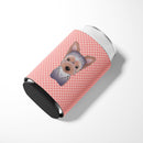 Checkerboard Pink Yorkie Puppy Can or Bottle Hugger Cooler Sleeve for Standard 12 oz Cans, Insulated Foam Beer & Soda Can Hugger Reusable
