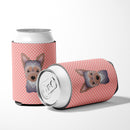 Checkerboard Pink Yorkie Puppy Can or Bottle Hugger Cooler Sleeve for Standard 12 oz Cans, Insulated Foam Beer & Soda Can Hugger Reusable