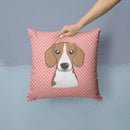 Checkerboard Pink Beagle Decorative Throw Pillow 14x14 Indoor Outdoor Accent Cushion, Fabric Cover with Insert for Sofa, Bed, Porch & Living Room