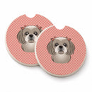 Checkerboard Pink Gray Silver Shih Tzu Set of 2 Cup Holder Car Coasters Absorbent Round Sandstone Coasters Gifts for Men or Women, 2.5, Multicolor