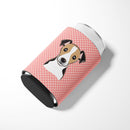 Checkerboard Pink Jack Russell Terrier Can or Bottle Hugger Cooler Sleeve for Standard 12 oz Cans, Insulated Foam Beer & Soda Can Hugger Reusable