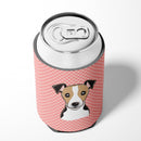 Checkerboard Pink Jack Russell Terrier Can or Bottle Hugger Cooler Sleeve for Standard 12 oz Cans, Insulated Foam Beer & Soda Can Hugger Reusable