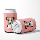Checkerboard Pink Jack Russell Terrier Can or Bottle Hugger Cooler Sleeve for Standard 12 oz Cans, Insulated Foam Beer & Soda Can Hugger Reusable