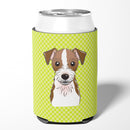 Checkerboard Lime Green Jack Russell Terrier Can or Bottle Hugger Cooler Sleeve for Standard 12 oz Cans, Insulated Foam Beer & Soda Can Hugger Reusable