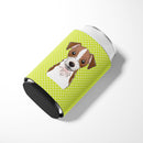 Checkerboard Lime Green Jack Russell Terrier Can or Bottle Hugger Cooler Sleeve for Standard 12 oz Cans, Insulated Foam Beer & Soda Can Hugger Reusable