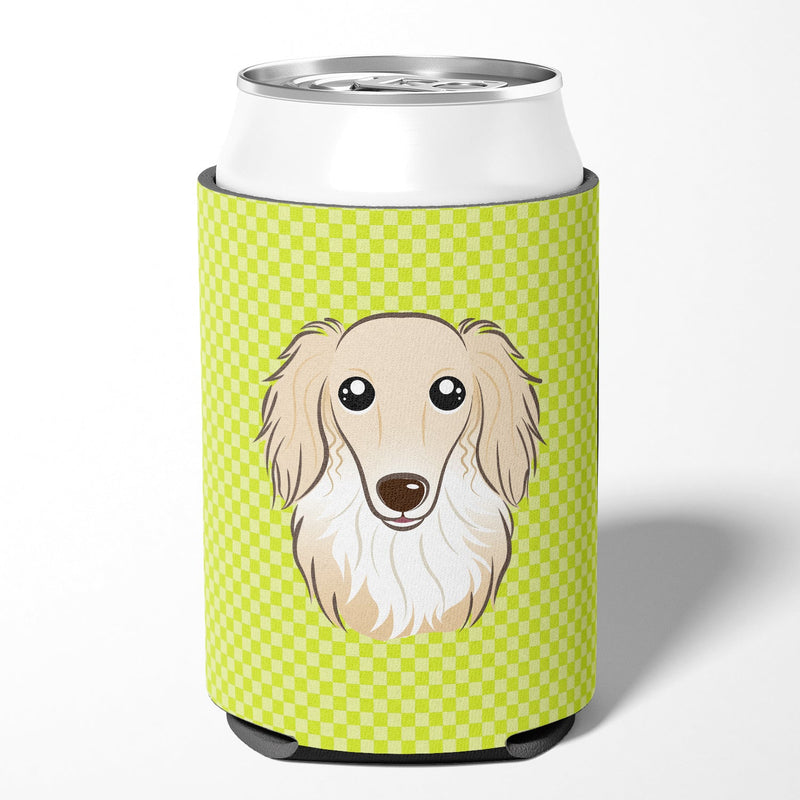 Checkerboard Lime Green Longhair Creme Dachshund Can or Bottle Hugger BB1274CC