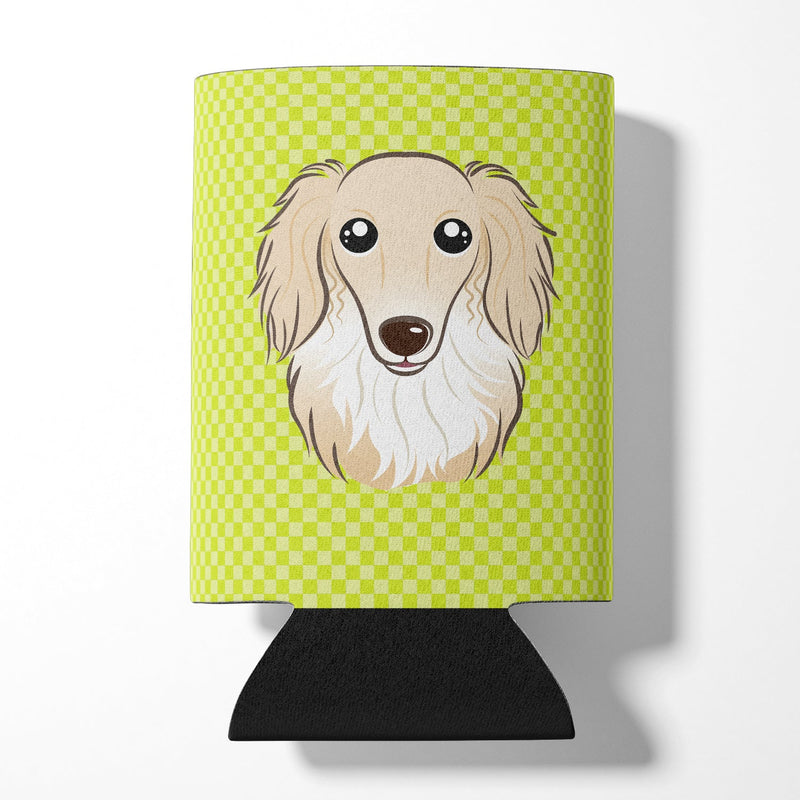 Checkerboard Lime Green Longhair Creme Dachshund Can or Bottle Hugger BB1274CC