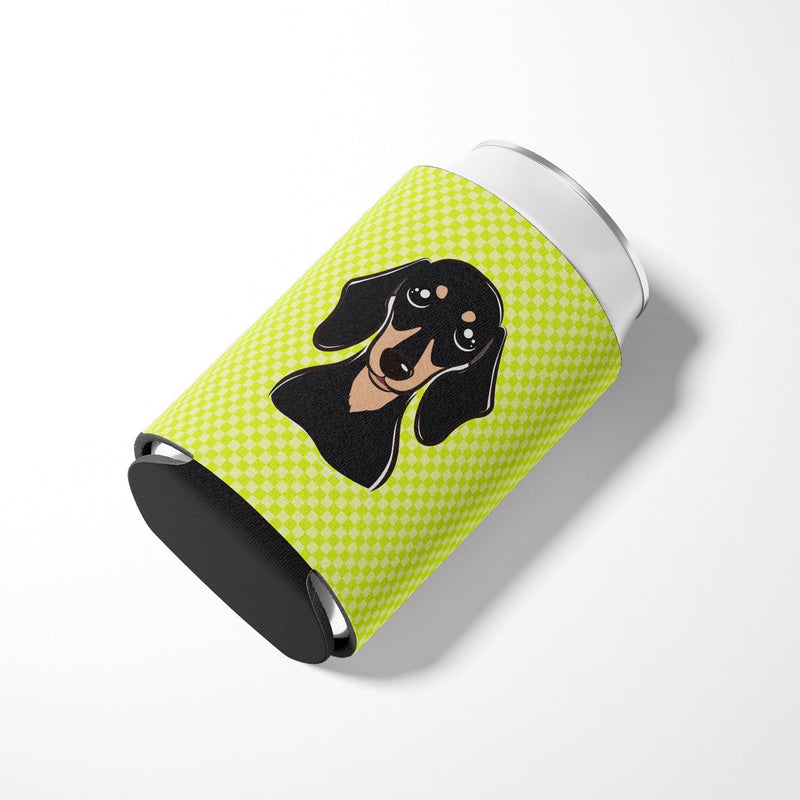 Checkerboard Lime Green Smooth Black and Tan Dachshund Can or Bottle Hugger BB1277CC