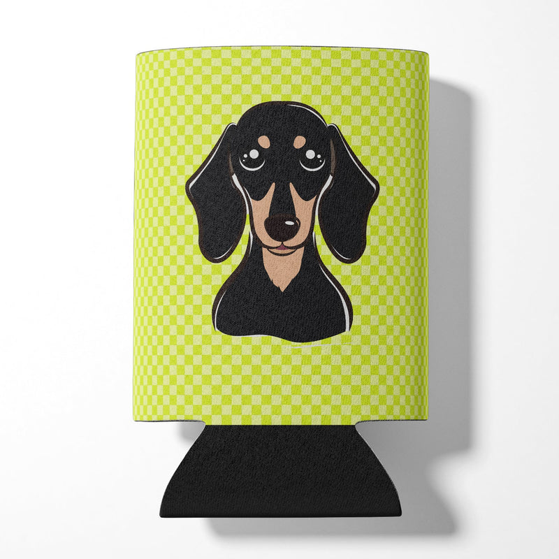 Checkerboard Lime Green Smooth Black and Tan Dachshund Can or Bottle Hugger BB1277CC