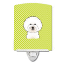 Checkerboard Lime Green Bichon Frise Ceramic Night Light Compact, UL-Certified, Ideal for Bedroom, Bathroom, Nursery, Hallway, Kitchen, 6x4x3, Multicolor