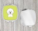 Checkerboard Lime Green Bichon Frise Compact Mirror Decorative Travel Makeup Mirror for Women Girls Gifts Pocket Makeup Mirror Folding Handheld