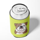 Checkerboard Lime Green English Bulldog  Can or Bottle Hugger Cooler Sleeve for Standard 12 oz Cans, Insulated Foam Beer & Soda Can Hugger Reusable