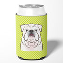 Checkerboard Lime Green White English Bulldog  Can or Bottle Hugger Cooler Sleeve for Standard 12 oz Cans, Insulated Foam Beer & Soda Can Hugger Reusable