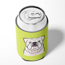 Checkerboard Lime Green White English Bulldog  Can or Bottle Hugger Cooler Sleeve for Standard 12 oz Cans, Insulated Foam Beer & Soda Can Hugger Reusable