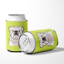 Checkerboard Lime Green White English Bulldog  Can or Bottle Hugger Cooler Sleeve for Standard 12 oz Cans, Insulated Foam Beer & Soda Can Hugger Reusable