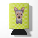 Checkerboard Lime Green Yorkie Puppy Can or Bottle Hugger Cooler Sleeve for Standard 12 oz Cans, Insulated Foam Beer & Soda Can Hugger Reusable
