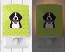 Checkerboard Lime Green Bernese Mountain Dog Ceramic Night Light Compact, UL-Certified, Ideal for Bedroom, Bathroom, Nursery, Hallway, Kitchen, 6x4x3, Multicolor