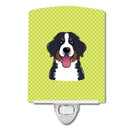 Checkerboard Lime Green Bernese Mountain Dog Ceramic Night Light Compact, UL-Certified, Ideal for Bedroom, Bathroom, Nursery, Hallway, Kitchen, 6x4x3, Multicolor