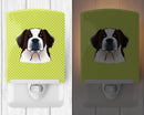 Checkerboard Lime Green Saint Bernard Ceramic Night Light Compact, UL-Certified, Ideal for Bedroom, Bathroom, Nursery, Hallway, Kitchen, 6x4x3, Multicolor